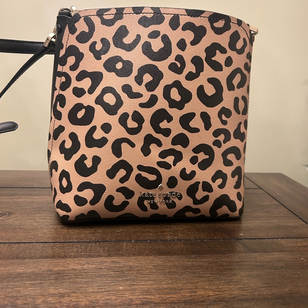Kate Spade Tan and Black Animal Print Crossbody bucket Bag